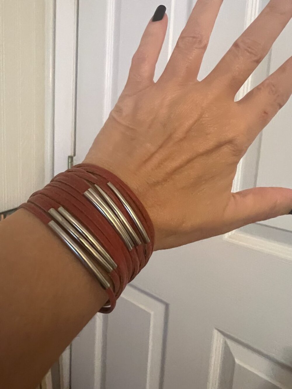 Red Multi‑Strand Faux Leather Bracelet with Silver Metal Accents & Snap Closure - Picture 4 of 9